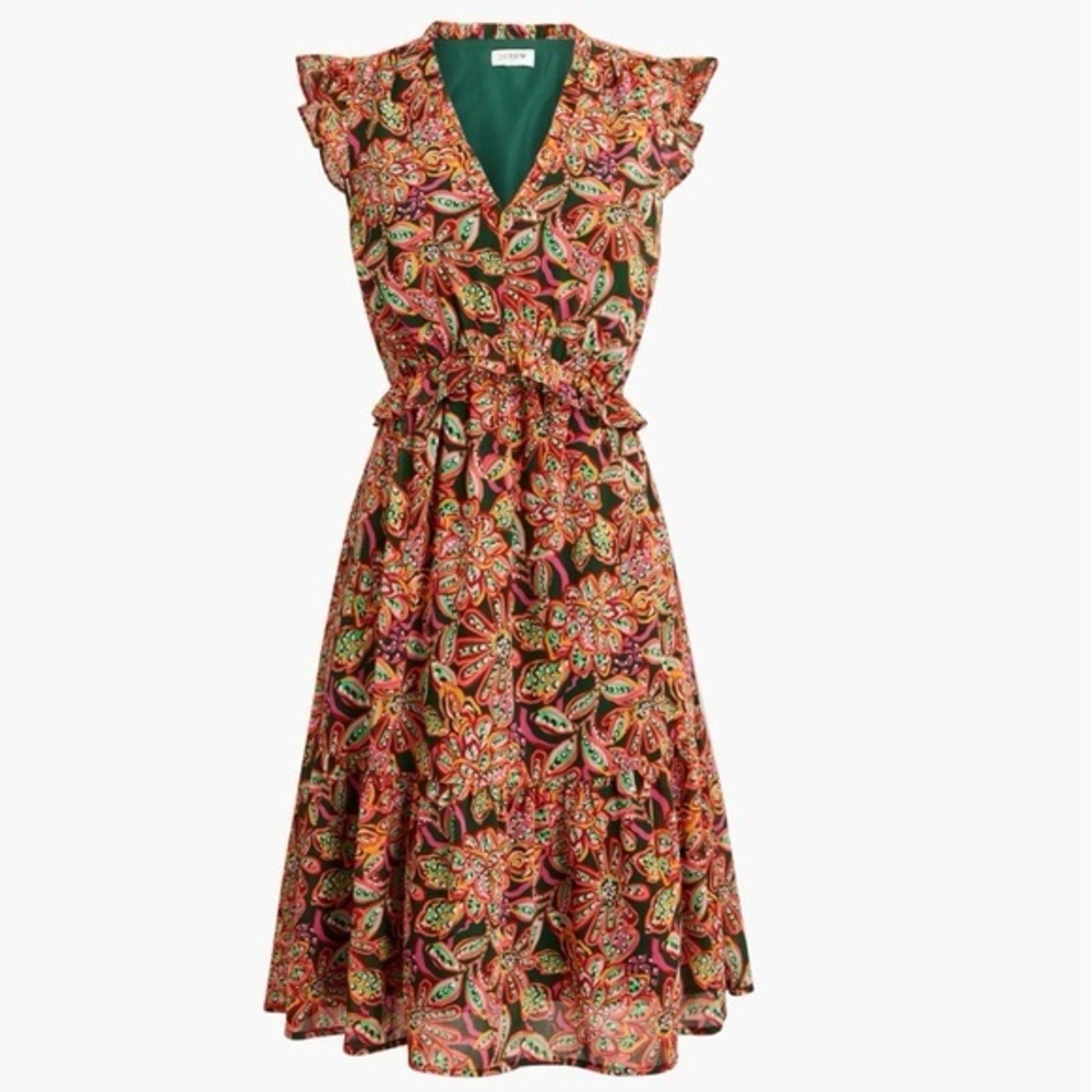 J Crew Factory Ruffle V-neck Mini Dress in a tropical multicolor floral pattern